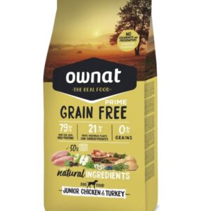 Croquettes OWNAT PRIME Grain Free Junior au poulet et dinde, sans céréales et riches en protéines pour chiots.