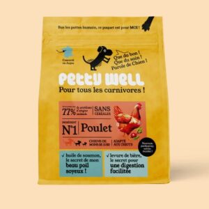 Sac de croquettes Petty Well "Poulet sans céréales ajoutées" pour chiens de toutes tailles et âges, fabriqué en France.