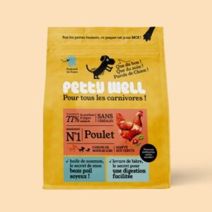 Alimentation pour chiot Petty Well au poulet et légumes sans céréales pour une croissance saine.