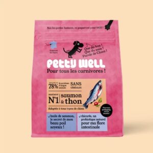 Alimentation pour chiot Petty Well au saumon et thon sans céréales pour une croissance saine.