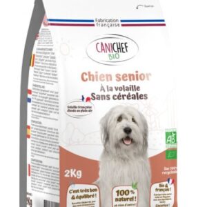 Sac de croquettes bio de Canichef Bio, formulées pour les besoins du chien senior.