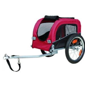 Remorque de vélo pour chien Trixie, de couleur rouge et noire, prête à être attelée.