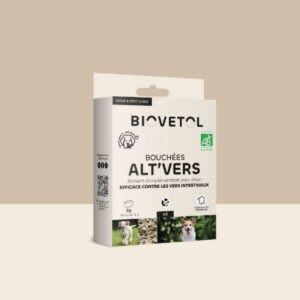 Boîte de bouchées ALT'VERS Bio Biovetol pour petit chien, protection naturelle contre les vers intestinaux.