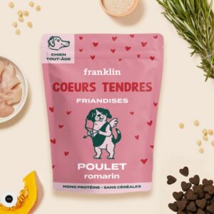 Friandises chien Saint-Valentin cœurs tendres poulet romarin sans céréales