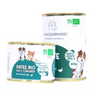 Pâtée bio canard chien Cani Gourmand alimentation humide naturelle sans céréales.