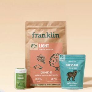 Pack surpoids chien Franklin avec croquettes dinde friandises agneau et gummies articulations