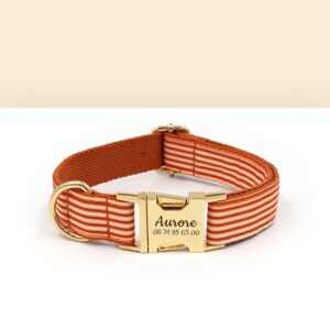 Collier pour chien en coton rayé orange de Bande de Canailles, avec boucle gravée personnalisable