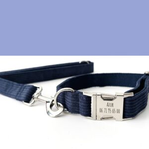 Laisse pour chien en velours côtelé bleu marine et collier assorti Bande de Canailles