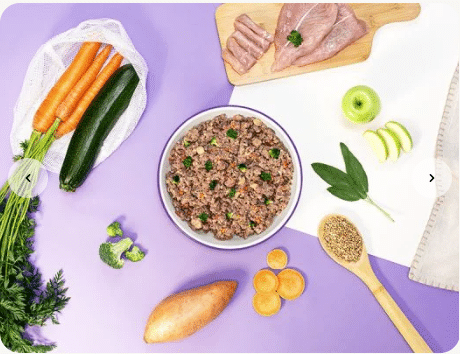 Repas frais à la dinde pour chien Dog Chef, gamelle entourée de dinde, légumes et sauge
