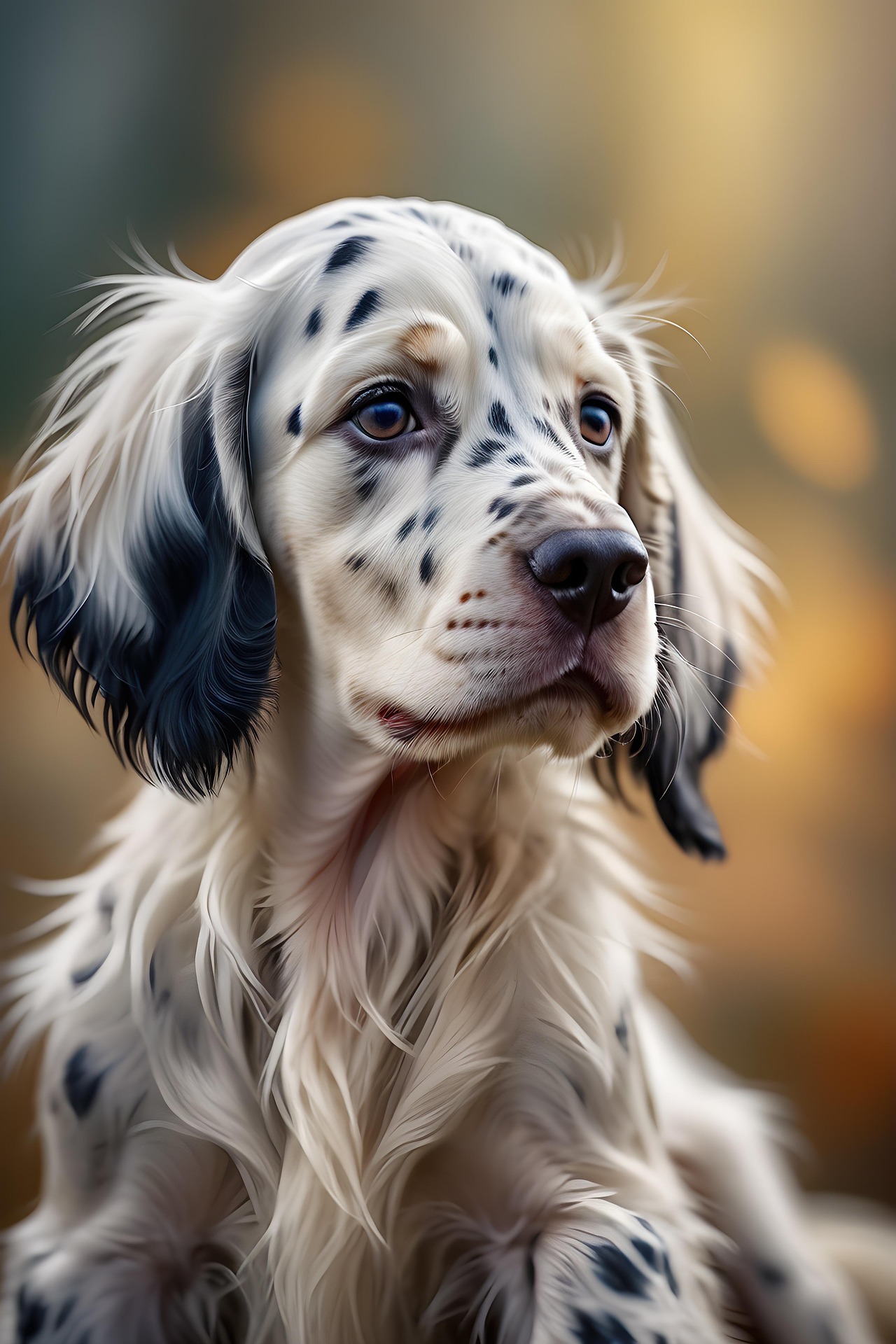 Chiot setter anglais tricolore, blanc moucheté de noir avec des marques feu, en gros plan