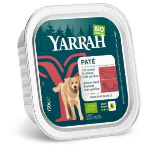 Barquette de 150 g de pâtée bio Yarrah au bœuf et à la spiruline pour chien