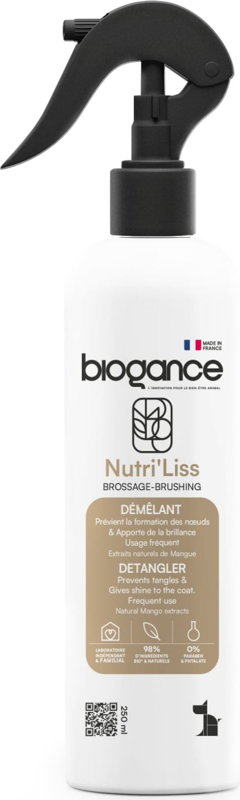 Spray de lotion démêlante Biogance Nutri Liss 250 ml pour chien à poils longs