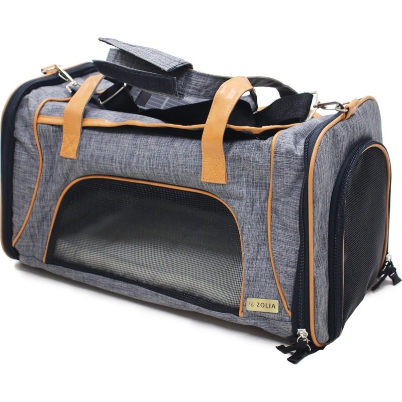 Sac de transport rétro Zolia Venisa gris chiné et camel pour petit chien, avec filets d'aération et bandoulière