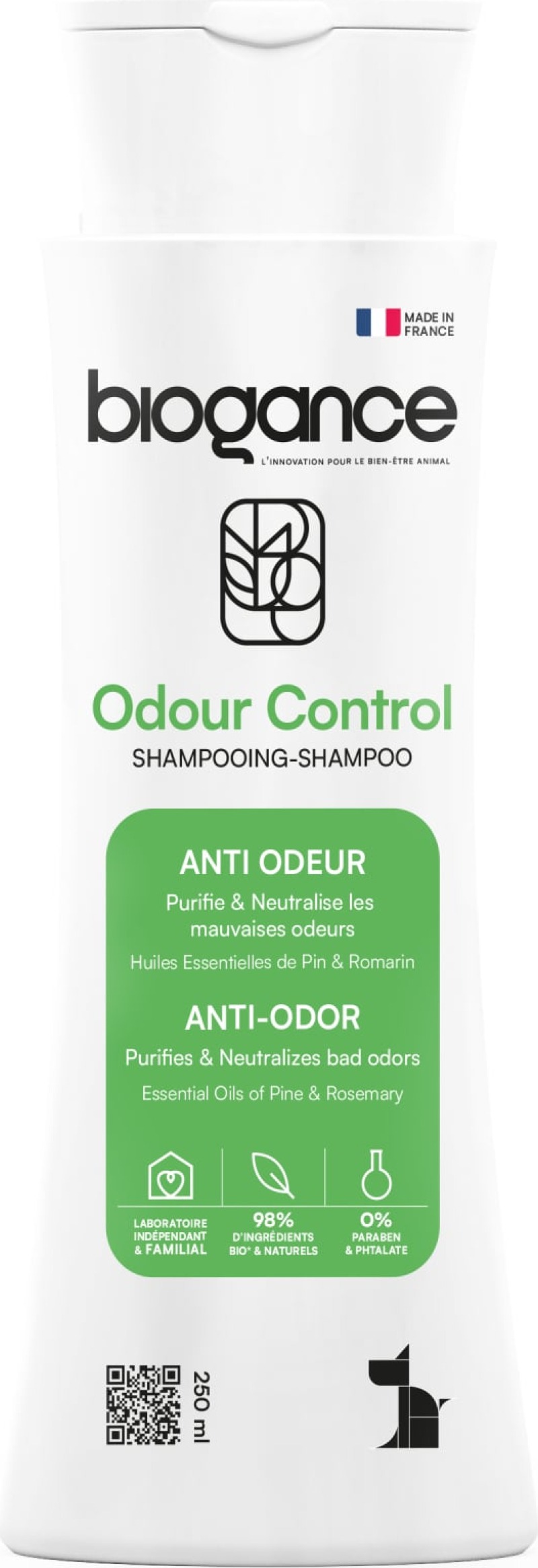 Flacon de shampoing anti-odeur Biogance Odour Control pour chien, au pin et au romarin