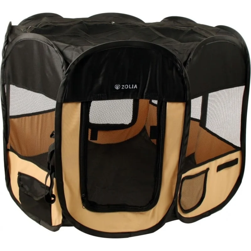 Parc pliable Zolia en tissu beige et noir pour chiot, avec entrées à fermeture éclair