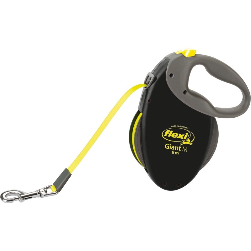 Laisse à enrouleur Flexi Neon Giant noire et jaune fluo pour grand chien, sangle de 8 m