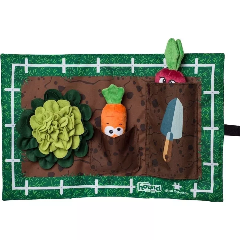 Tapis d'activité Matz Nina Ottosson pour chien, sur le thème du jardin, avec poches, rabats à scratch et peluches à fouiller