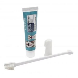 Kit hygiène dentaire Plak Fighter Vétocanis pour chien : gel dentifrice, brosse à dents double tête et doigtier en silicone