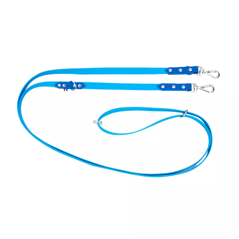 Laisse multiposition bicolore en Hexa pour petit chien, avec bouclerie argentée, par CaniGourmand