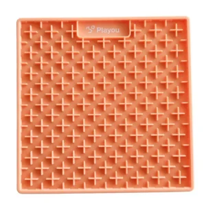 Tapis de léchage carré couleur abricot en silicone, avec rainures et ventouses