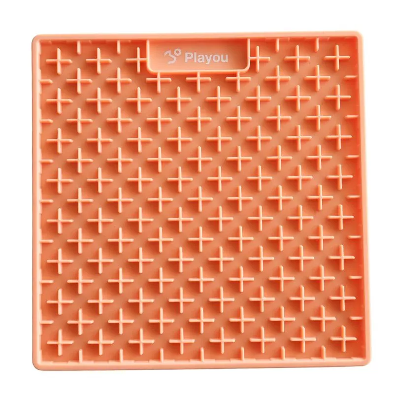 Tapis de léchage carré couleur abricot en silicone, avec rainures et ventouses