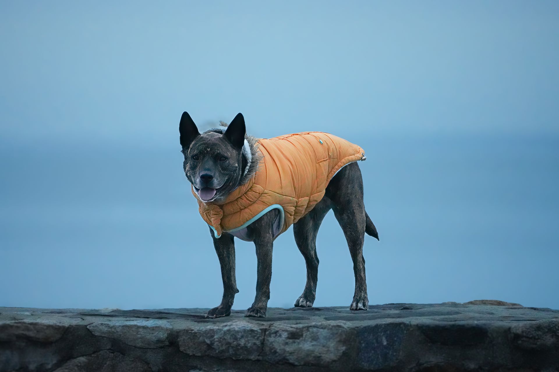 Chien au poil ras sombre, oreilles dressées et langue légèrement sortie, debout sur un muret de pierre devant un fond bleu clair, portant un manteau orange matelassé au col clair