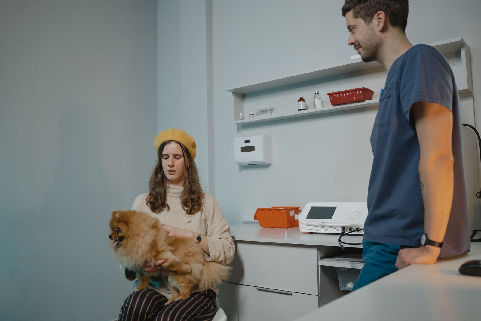Femme aux longs cheveux bruns et au bonnet jaune, assise sur une chaise, qui tient contre elle un petit chien roux à poils longs ; à côté d'elle, un homme en tenue bleue de soignant, debout près d'un plan de travail, dans une pièce claire