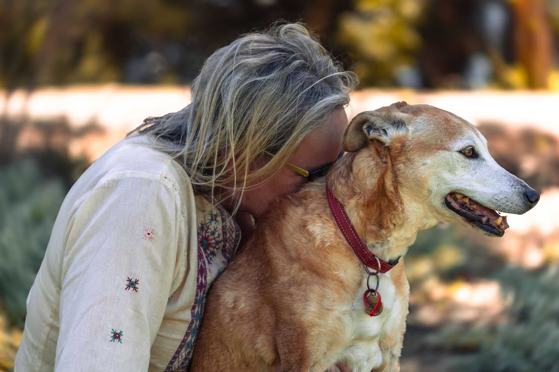Une femme aux longs cheveux clairs qui serre dans ses bras un grand chien roux et blanc, le visage contre son cou ; le chien, la gueule entrouverte, porte un collier rouge avec une médaille ronde, devant un jardin aux couleurs d'automne